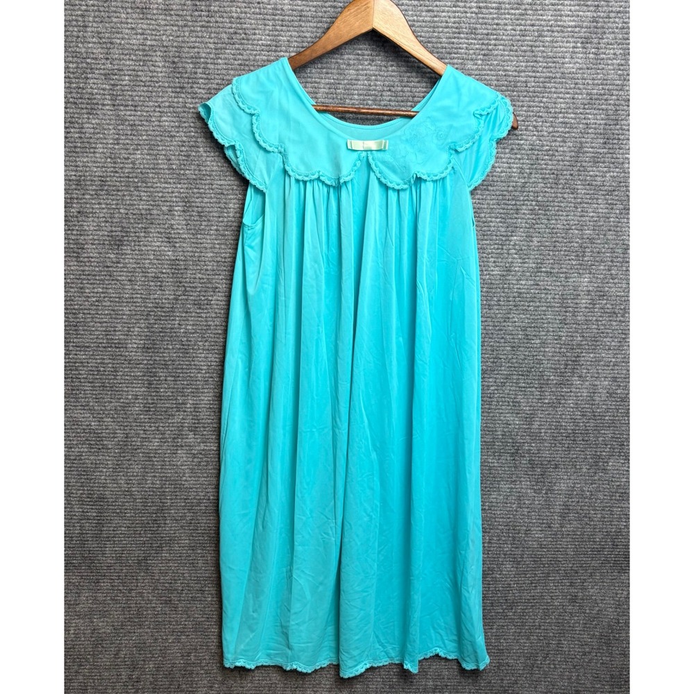 Shadowline Vintage Turquoise Blue Nylon Nightgown Lace Trim Peter Pan Collar S